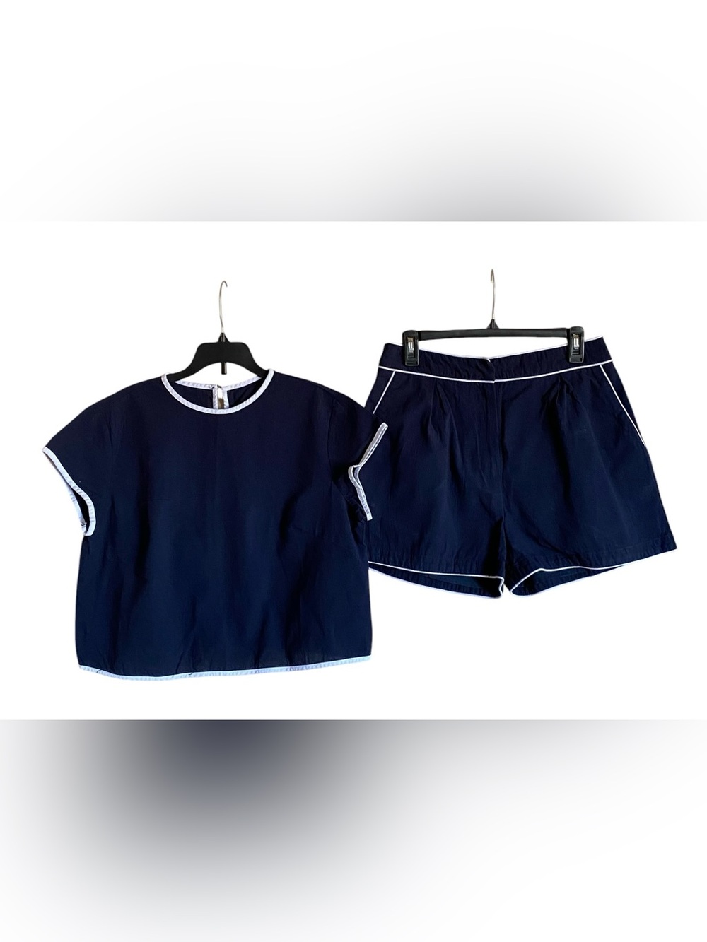 COMMENSE Pure Cotton Contrast Trim Top & Matching Shorts Set OUTFIT L NAVY BLUE